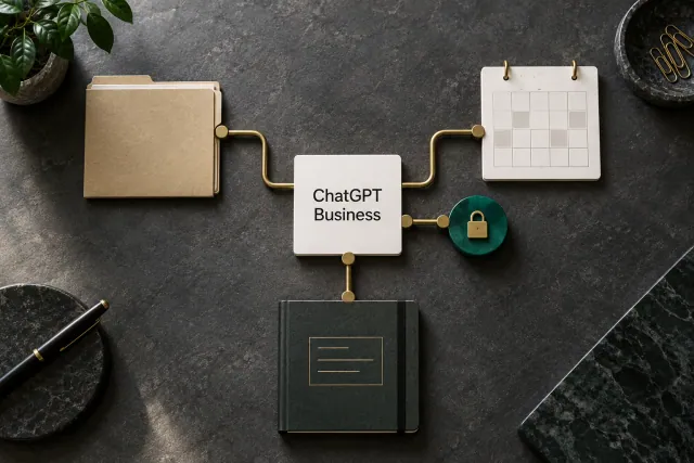 Eine zentrale Karte mit der Aufschrift ChatGPT Business verbindet Ordner, Kalender und Arbeitsbuch über Messingleitungen und einen grünen Berechtigungsmarker