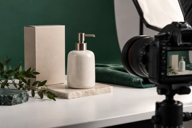 Keramikprodukt und neutrale Verpackung in einem Fotoset mit Kamera und Studiolicht