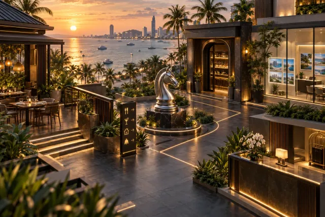 Künstlerische 3D-Szene mit Restaurant, Bar, Immobilienbüro und silbernem Ritter an der Küste von Pattaya