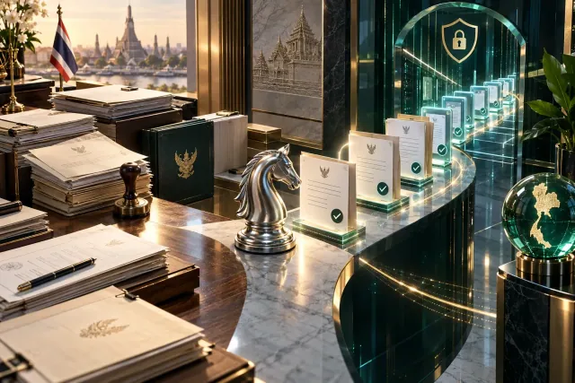 Elegante 3D-Komposition aus Papierakten, digitaler Dokumentenprüfung und silberner Ritterfigur vor thailändischer Architektur