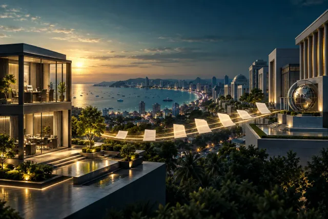 Abstrakter Datenweg verbindet ein Unternehmen mit mehreren Botschaftsgebäuden vor der Bucht von Pattaya