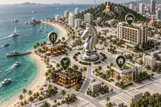 Isometrische 3D-Karte von Pattaya mit Branchenmarkierungen und silbernem Ritter im Zentrum