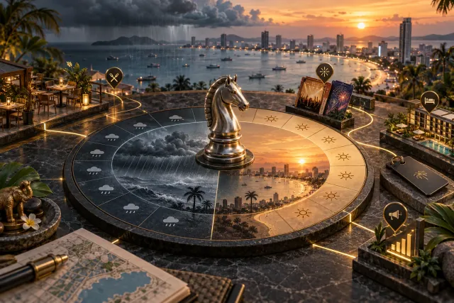 Künstlerische 3D-Komposition aus Saisonkalender, Küste von Pattaya und silbernem Ritter