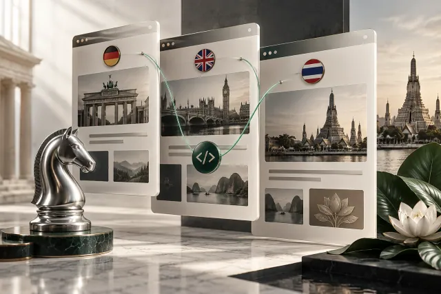 Künstlerische 3D-Komposition dreier verbundener Sprachversionen mit silberner Ritterfigur