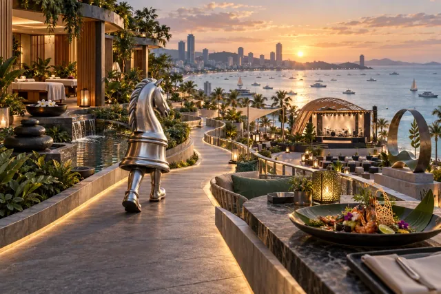 Künstlerische 3D-Szene mit Wellness, Gastronomie und hochwertigem Tourismus an der Küste von Pattaya