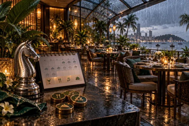 Künstlerische 3D-Szene eines wetterfesten Angebots mit Regenschirm, Restaurant und Pattaya-Küste