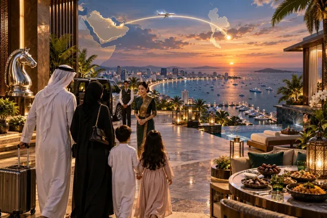 Luxuriöse 3D-Reiseszene mit Familie bei der Ankunft in Pattaya, Golfroute und silberner Ritterfigur über der Bucht
