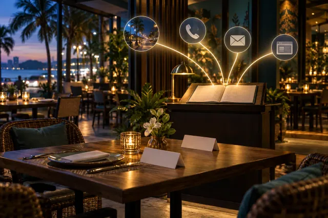 Reservierungstisch in einem Restaurant in Pattaya; verschiedene Anfragewege laufen in einem zentralen Buchungsbuch zusammen
