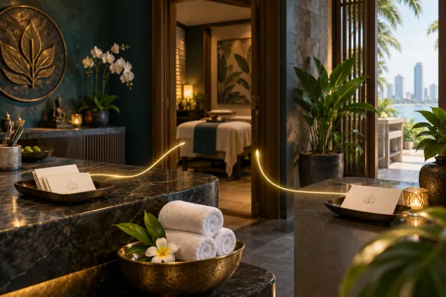 Ruhiger Empfangsbereich eines Spa in Pattaya mit Handtüchern, Behandlungsraum und dezent verbundenen Terminkarten