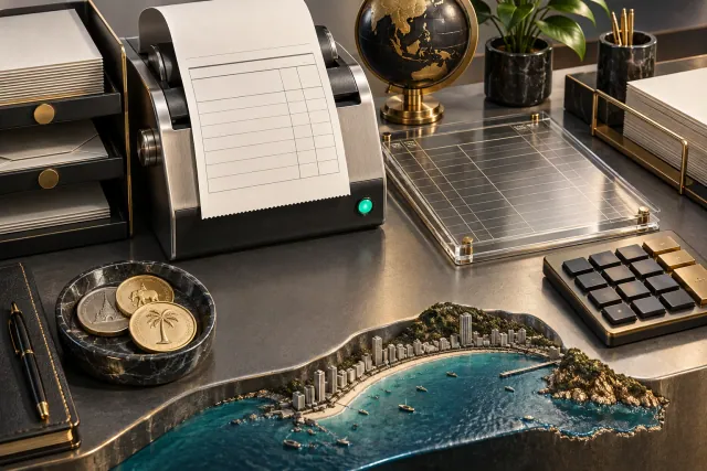 Künstlerisches 3D-Stillleben aus Belegdrucker, transparentem Kassenbuch, Rechenfeld und Pattaya-Küstenmodell